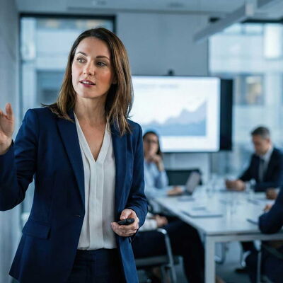 Frau in Businesskleidung hält Präsentation vor mehreren Personen in modernem Konferenzraum mit großen Fenstern