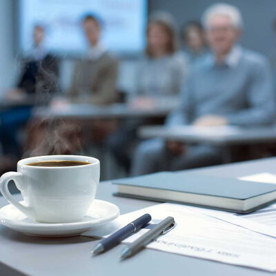 Dampfender Kaffeebecher auf einem Tisch mit Stiften, Unterlagen und einem geschlossenen Buch, im Hintergrund unscharfe Personen in einem Seminarraum
