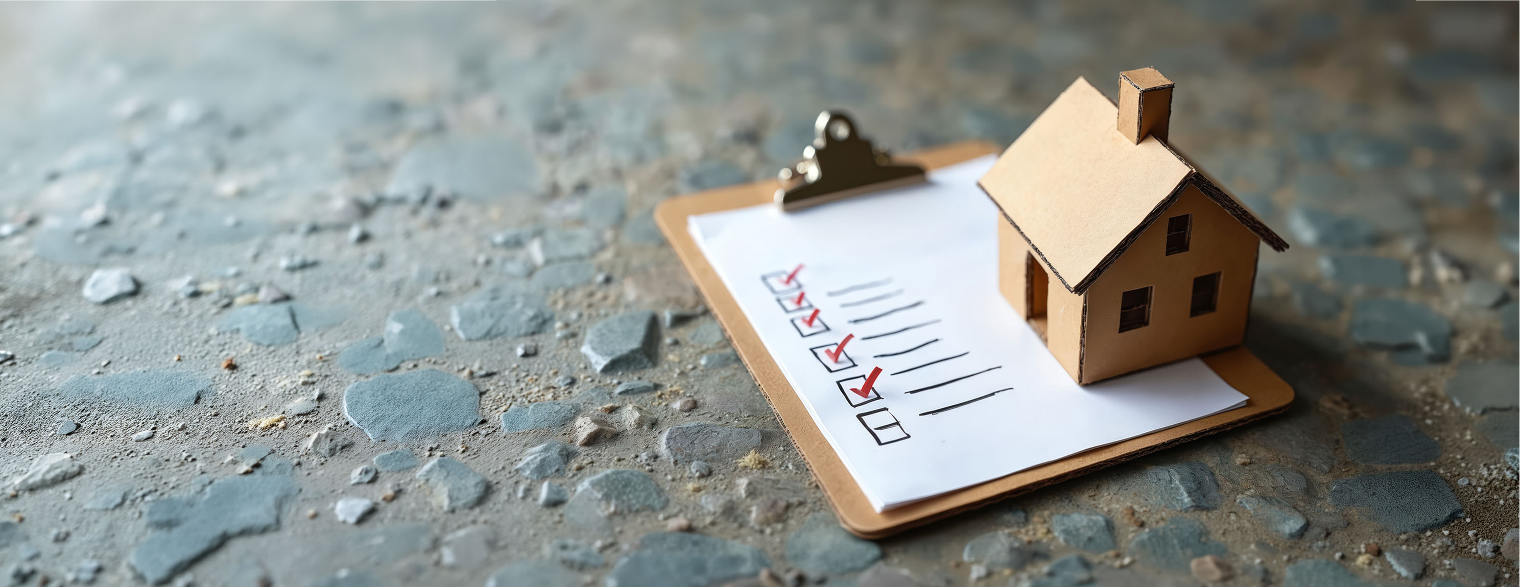 Haus aus Karton steht auf einer Checkliste mit mehreren roten Häkchen auf einem Klemmbrett auf rauem Boden