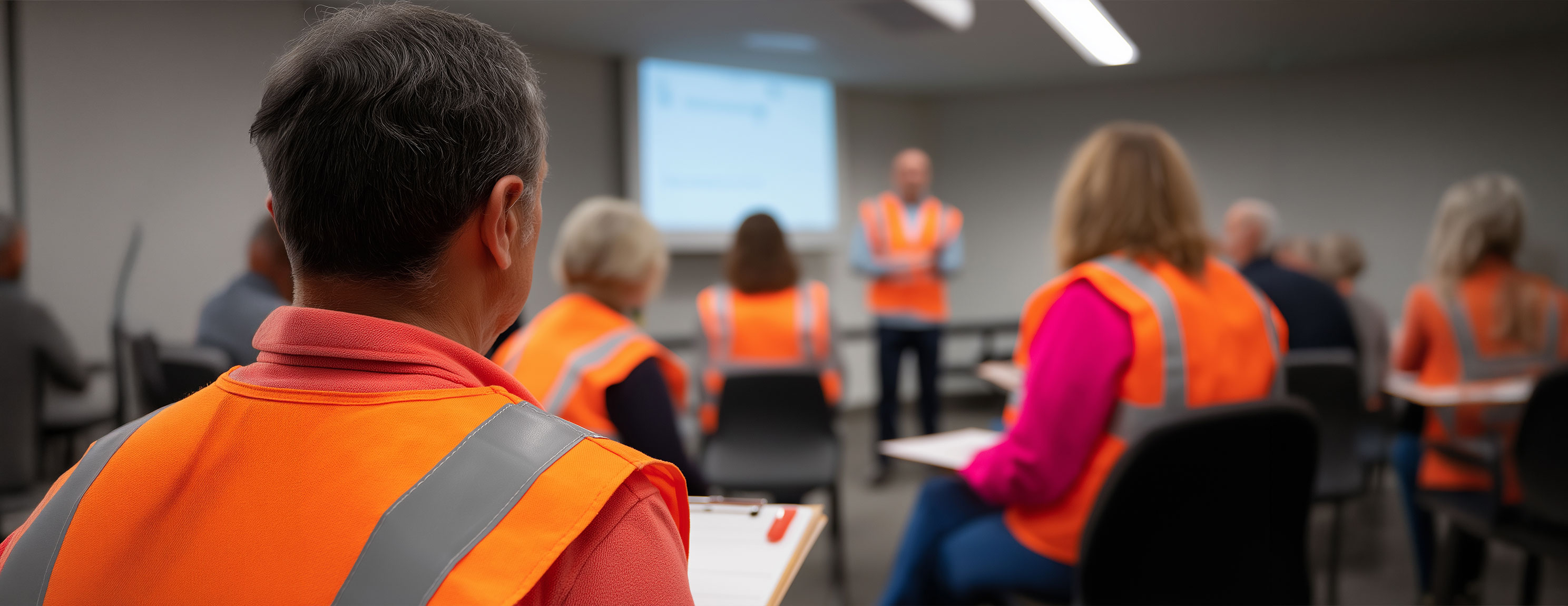 Personen mit orangefarbenen Warnwesten sitzen in einem Schulungsraum und hören einem Vortragenden zu